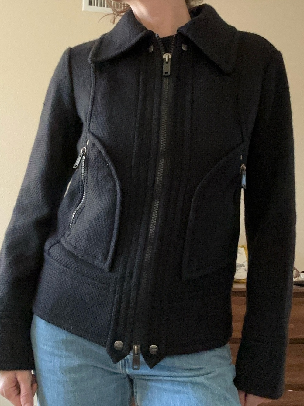 Vintage Diesel Black Wool Moto Biker Jacket Heavyweight Zip Y2K Size Small